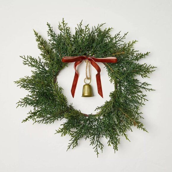 12" Mini Cypress with Brass Bell and Red Ribbon Wreath Hearth & Hand Magnolia - Picture 1 of 4